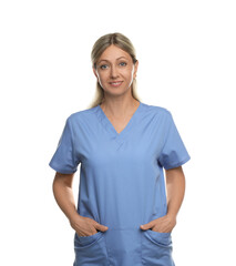 Fototapeta premium Portrait of nurse in medical uniform isolated on white