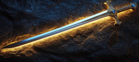 A sleek, minimalist sword with a glowing aura surrounding the blade, featuring simple, clean lines and a magical gemstone embedded in the hilt