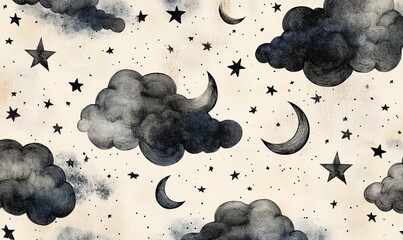 A whimsical pattern of clouds, stars, and moons drawn in black ink on a textured, light background captures a dreamy nighttime essence