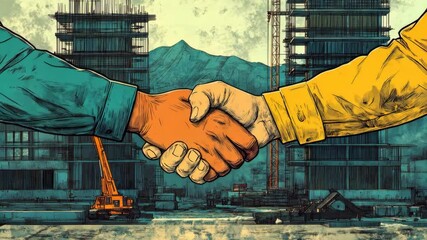 Two construction workers shake hands in front of a large building under construction