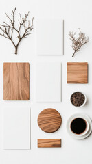 Minimalist flat lay with wooden elements and a cup of coffee.