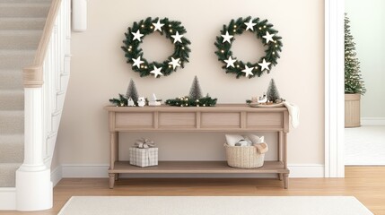 Fototapeta premium Wreaths made of LED lights and greenery hang on a minimalist wall, complemented by a wooden console showcasing beautifully wrapped gift boxes in a cozy setting