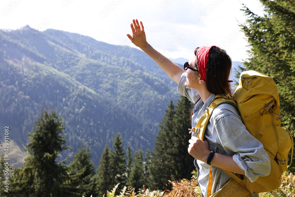 Wall mural Young hiker with backpack in mountains on sunny day