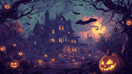 Spooky haunted house with jack-o-lanterns on Halloween night