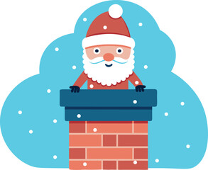 Vector cartoon illustration of cute Santa Claus in a chimney. Christmas design element in flat style