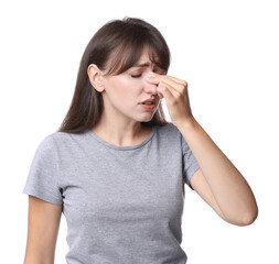 Woman suffering from sinusitis on white background