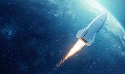 A white rocket is flying through space with a blue background