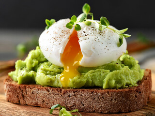  A visually appealing dish of eggs on toast, enhanced with avocado and sprouts,  perfect for a...