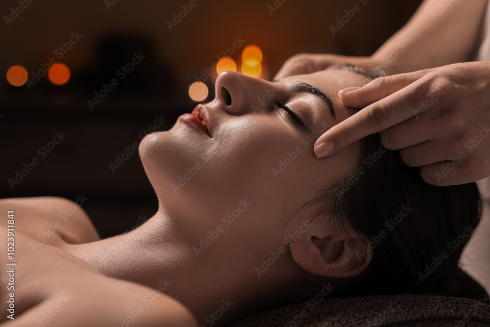 Canvas Prints Attractive woman enjoying face massage, closeup. Beauty procedure