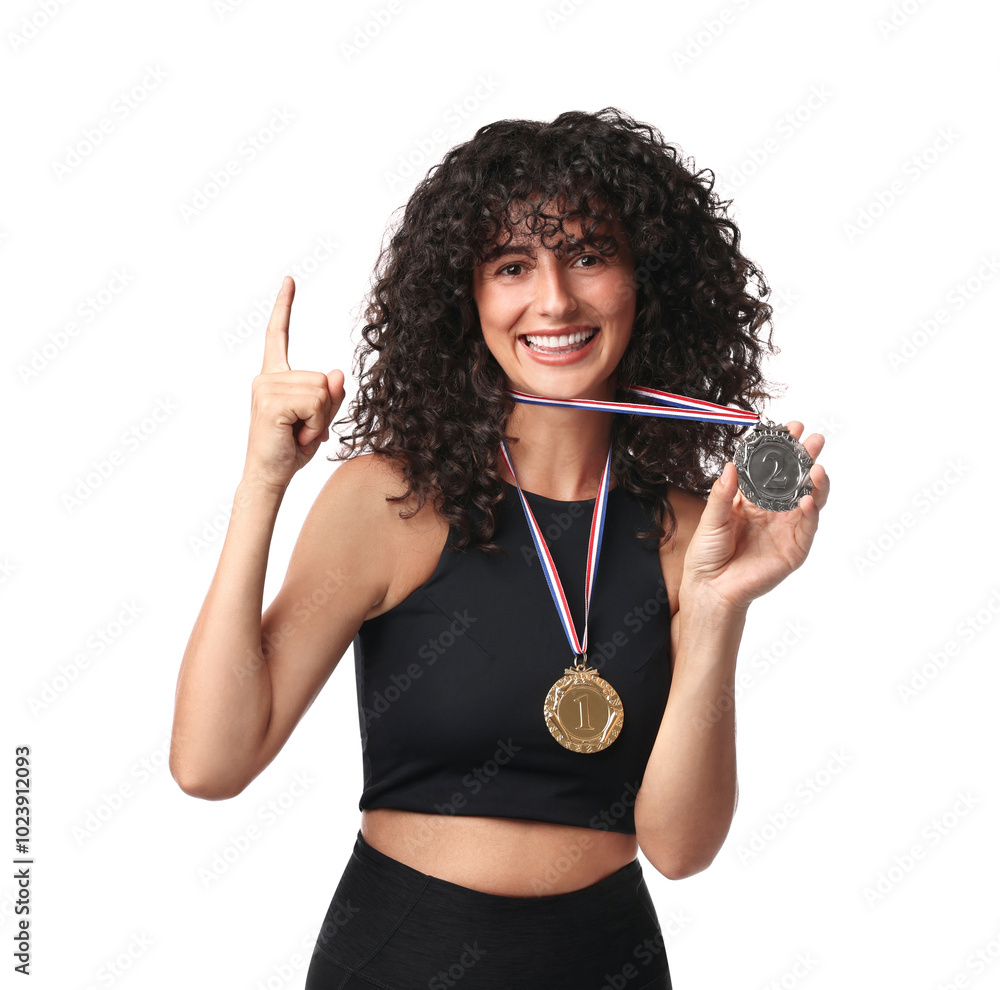 Canvas Prints Happy winner with different medals pointing upwards on white background