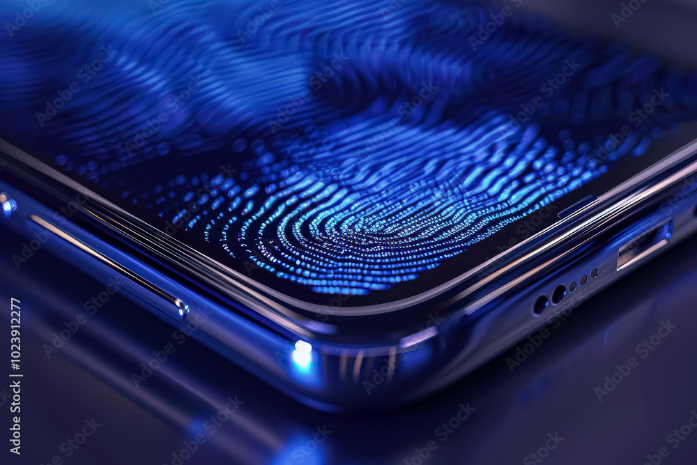 Poster close up of a cell phone with a blue fingerprint on the screen. concept of security and protection, 