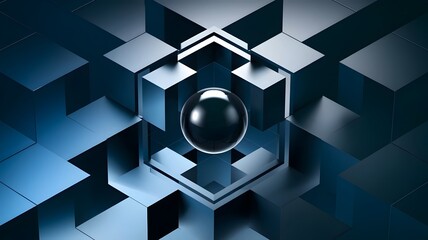 Abstract image of rotating sphere inside a cube with a blue gradient background