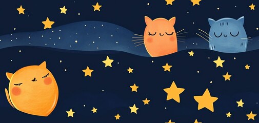 Cute cats sleeping under starry night