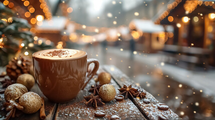 Christmas market with hot coffee on the wooden table with Christmas decoration , Christmas tree on the background and winter mood