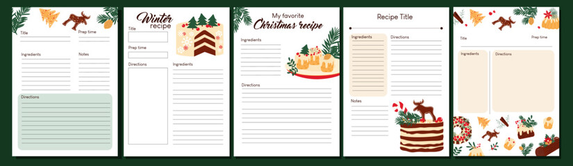 Vertical templates for making notes about cooking homemade desserts. Blank food recipe preparation page.