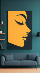 A minimalist art print featuring a woman's profile in black and yellow.