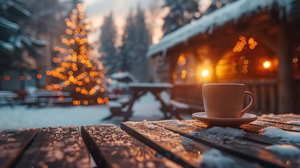Christmas market with hot coffee on the wooden table with Christmas decoration , Christmas tree on the background and winter mood