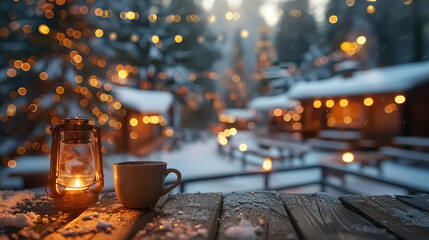 Christmas market with hot coffee on the wooden table with Christmas decoration , Christmas tree on the background and winter mood