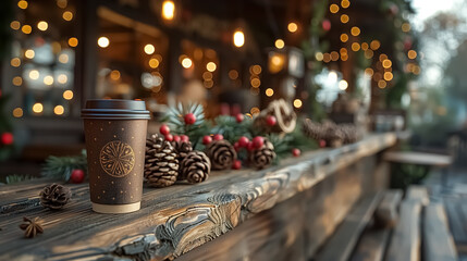 Christmas market with hot coffee on the wooden table with Christmas decoration , Christmas tree on the background and winter mood
