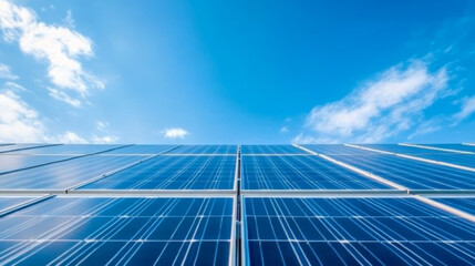 Solar panels against a bright blue sky with clouds.