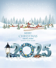 Merry Christmas and Happy New Year holiday background with colorful gift boxes and garland. Vector.