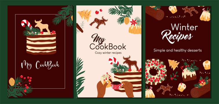Vertical covers for recipe book. Hand drawn templates for winter desserts. Vector illustration - Powered by Adobe