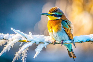 beautiful bright birds, finches sit on a frost-covered branch. Winter landscape with birds