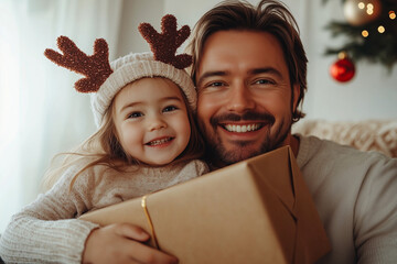 Family Christmas: A father and daughter wearing reindeer antlers enjoy a gift in a warm home environment.