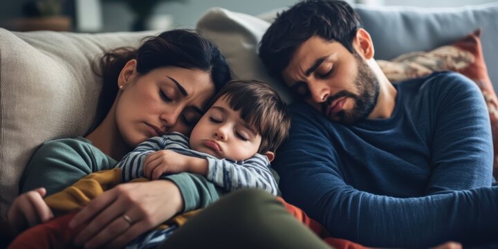 A weary couple leaning against each other on a couch, with one parent holding a sleepy toddler