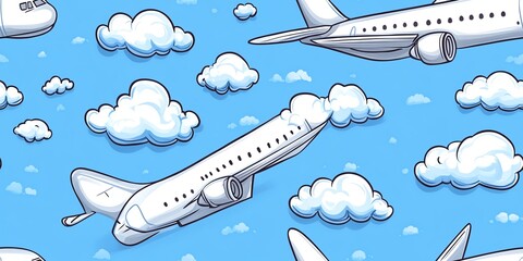 Cartoon airplanes and clouds seamless pattern