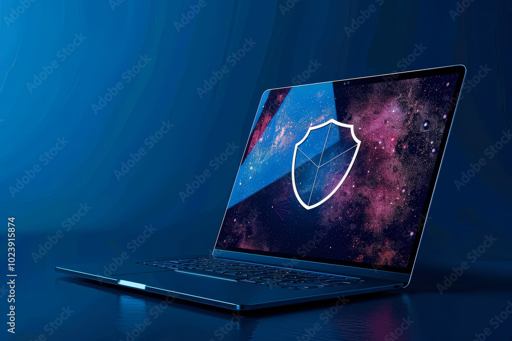 Aufkleber laptop with a blue screen and a red shield on it. the shield is in the middle of the screen and is s
