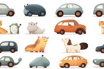 Cute cartoon cars and animals illustration