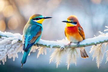 Fototapeta premium Two beautiful bright birds, two finches sit on a frost-covered branch. Winter landscape with birds.