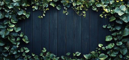 Dark blue wooden background with lush green ivy vines.