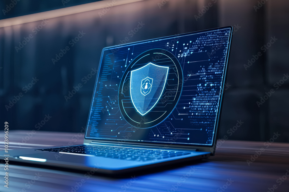 Poster laptop with a blue screen and a red shield on it. the shield is in the middle of the screen and is s