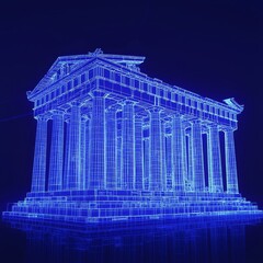 Obraz premium Illuminated Blueprint of an Ancient Temple Capturing the Bold Grandeur of Classical Architecture in a Modern Digital Realm