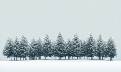 A snowy landscape with a row of pine trees