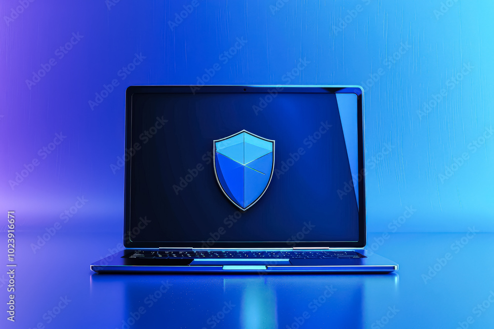 Aufkleber laptop with a blue screen and a red shield on it. the shield is in the middle of the screen and is s