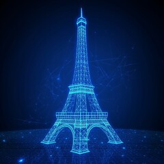 A stunning digital representation of the Eiffel Tower, glowing in a vibrant blue, showcasing modern artistry and iconic architecture beautifully.