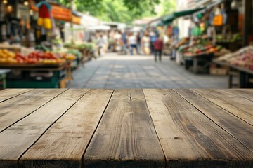Blurred outdoor farmers market background with an empty wooden table for product placement