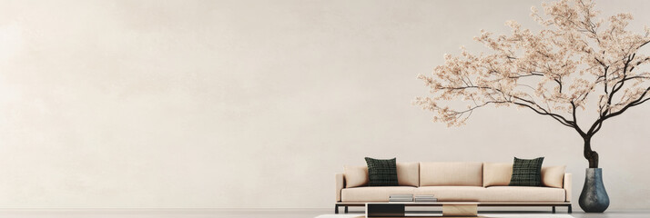 Obraz premium Minimalist living room with a beige couch and a blooming tree in a vase.