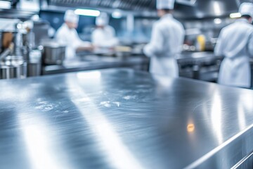 Empty polished steel countertop with busy chefs working in restaurant kitchen in the background