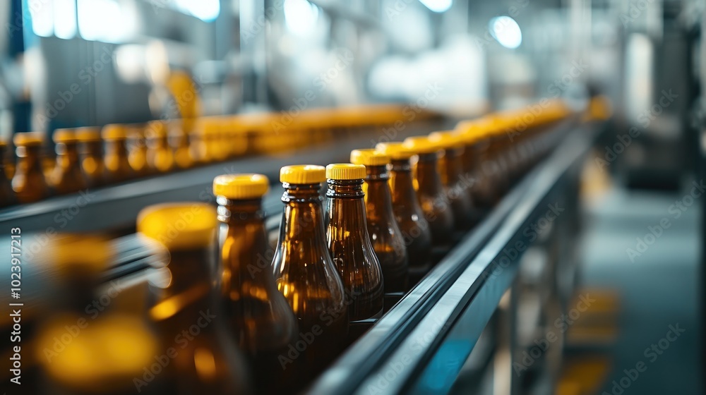 Poster bottles on production line in factory setting