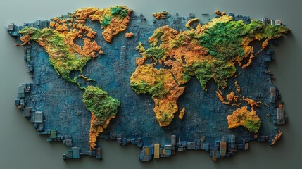 A 3D world map made of colorful blocks, with continents in orange and green and oceans in blue, on a grey background.