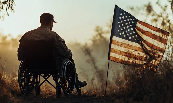 A soldier sits in a wheelchair, facing a weathered American flag, reflecting on his service and the sacrifices made