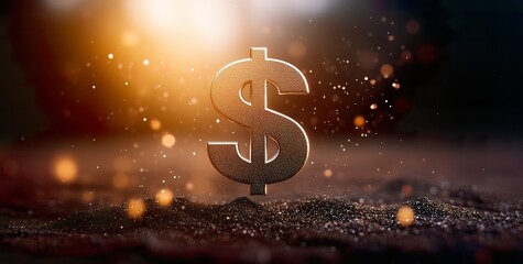 Golden 3D dollar symbol with sparkles on a glittery background, illuminated by soft light, creating a sense of luxury and wealth; perfect for commercial and advertising visuals