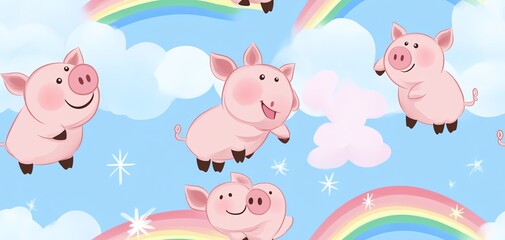 Cute piglets flying in sky with rainbows