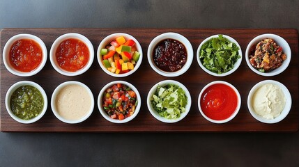 Variety of Colorful Dips and Sauces on Wooden Platter