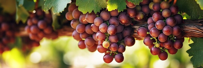 Naklejka premium red grapes growing on grapevine, vineyard background 