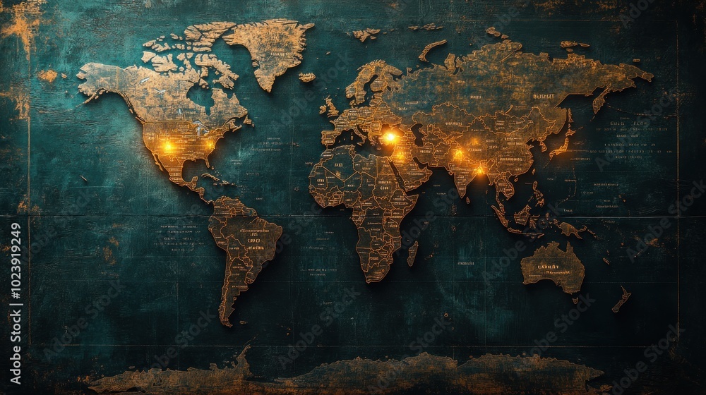 Poster a textured world map with glowing points highlighting specific locations.
